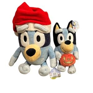Bluey Holiday Plush Halloween Pumpkin & Christmas Santa Hat Stuffed Toy Bundle